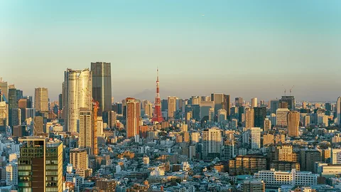 David Kernan (CC BY 4.0) Towering skyscrapers densely packed across a sprawling metropolis, Tokyo Tower's red frame gleaming center